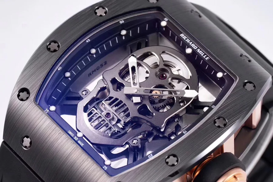 Richard Mille Replica RM 052 Black Strap Black Skeleton Skull Shape Dial