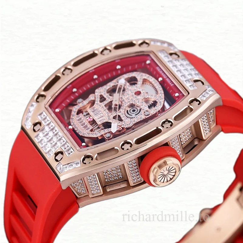 Richard Mille RM 052 Men Automatic Diamonds Skull Dial Stainless Steel Rubber Band