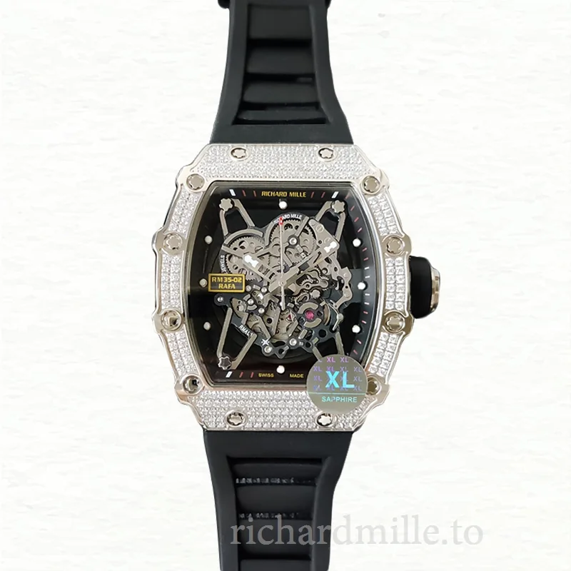Richard Mille RM35-02 Men Mechanical Diamond Bezel Transparent Dial Rubber Band