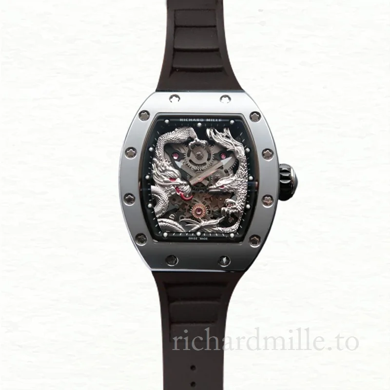 Richard Mille RM57-01 Mechanical Men Stainless Steel Silver Dragon and Phoenix Dial Rubber Band