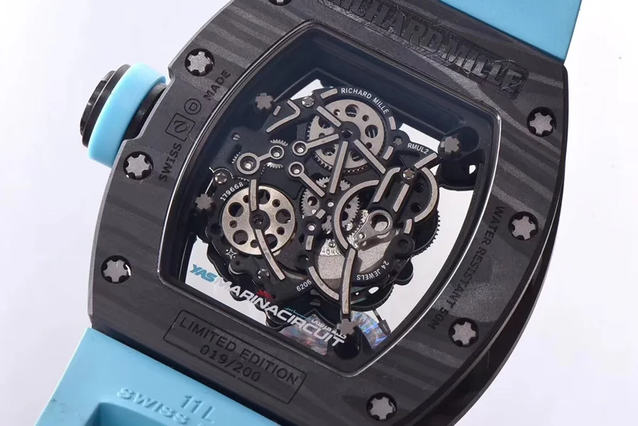 Richard Mille Replica RM 055 Blue Rubber Strap Carbon Fiber Case