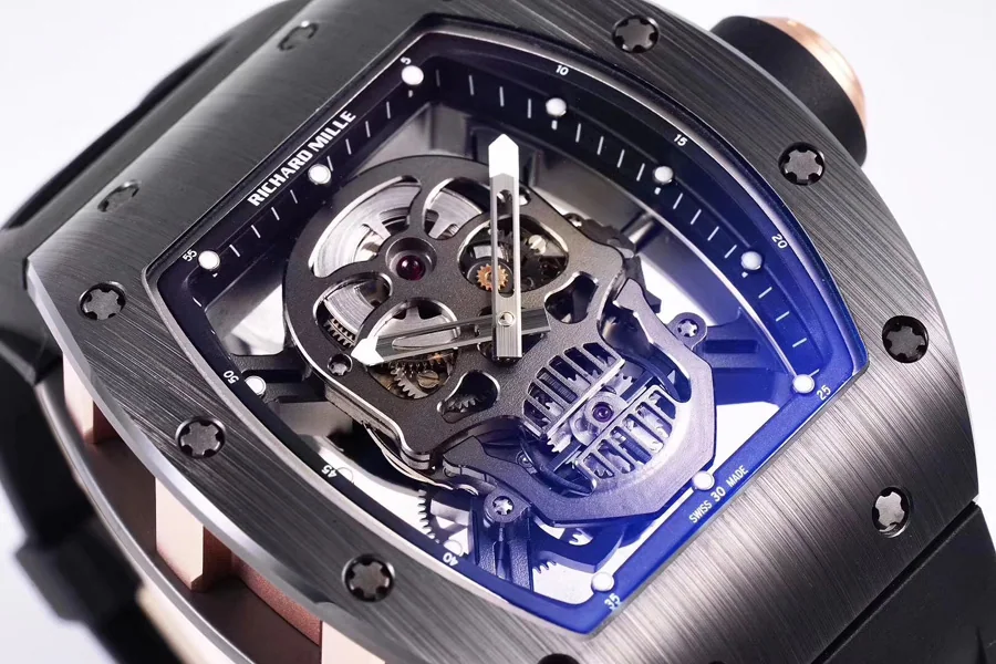 Richard Mille Replica RM 052 Black Strap Black Skeleton Skull Shape Dial