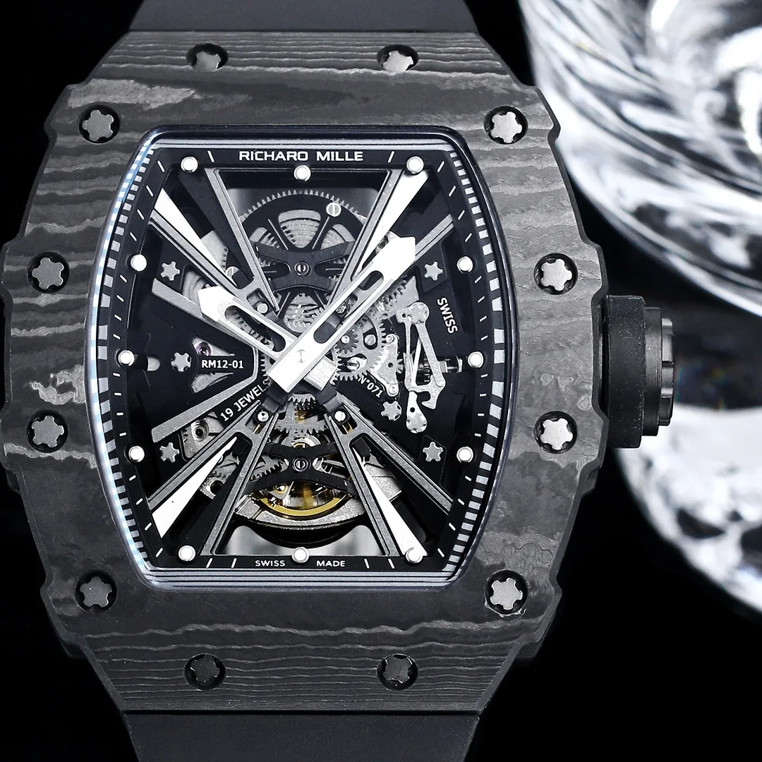 Luxury AAA Replica Richard Mille RM12-01 Tourbillon With Black Carbon Bezel, Black Rubber Strap