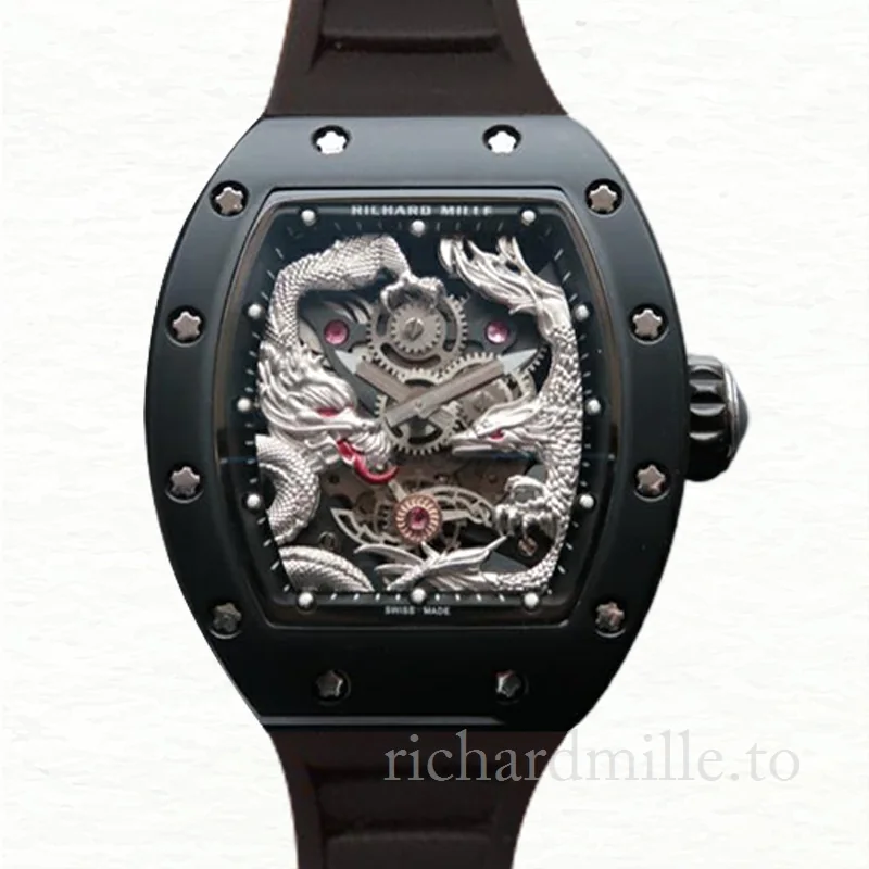 Richard Mille RM57-01 Men Mechanical Rubber Band Silver Dragon and Phoenix Dial