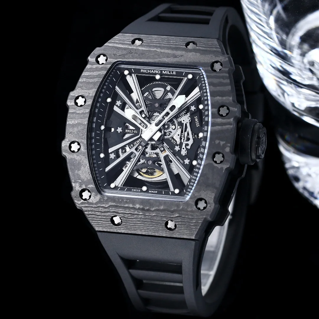 Luxury AAA Replica Richard Mille RM12-01 Tourbillon With Black Carbon Bezel, Black Rubber Strap