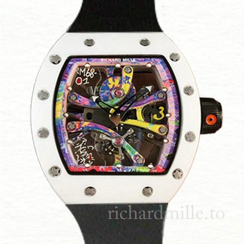 Richard Mille RM68-01 Hand Wind Men Ceramics Bezel Rubber Band Transparent Dial