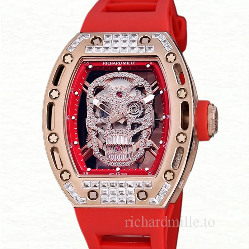 Richard Mille RM 052 Men Automatic Diamonds Skull Dial Stainless Steel Rubber Band
