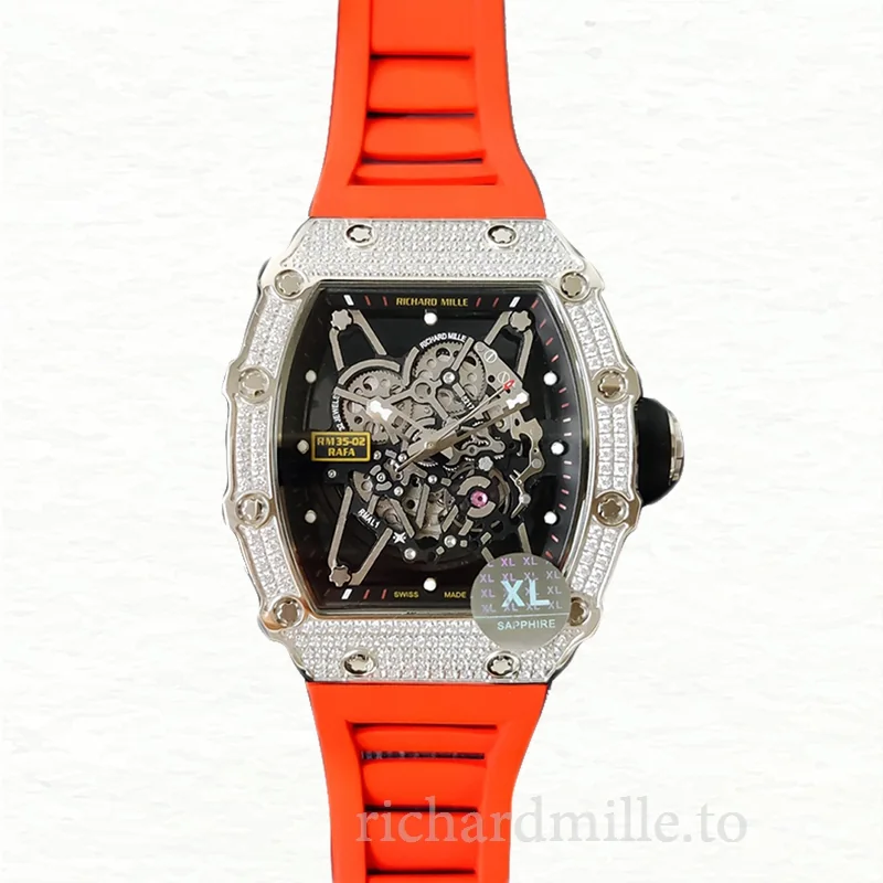 Richard Mille RM35-02 Men Mechanical Diamond Bezel Transparent Dial Rubber Band