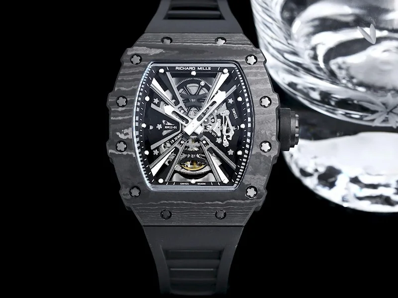 Luxury AAA Replica Richard Mille RM12-01 Tourbillon With Black Carbon Bezel, Black Rubber Strap