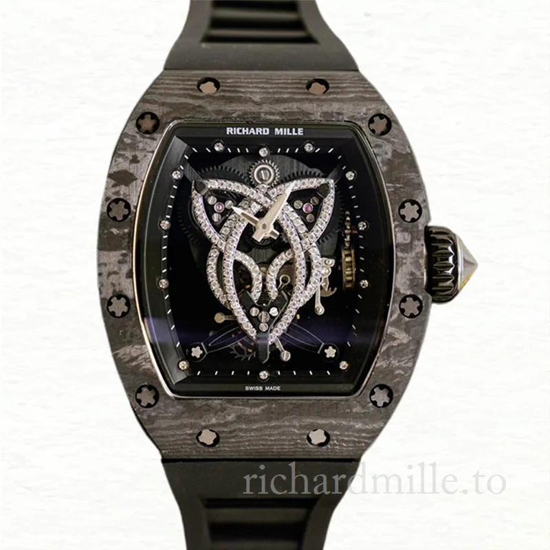 Richard Mille RM019 Men Hand Wind Watch Rubber Band Black With Diamonds Dial