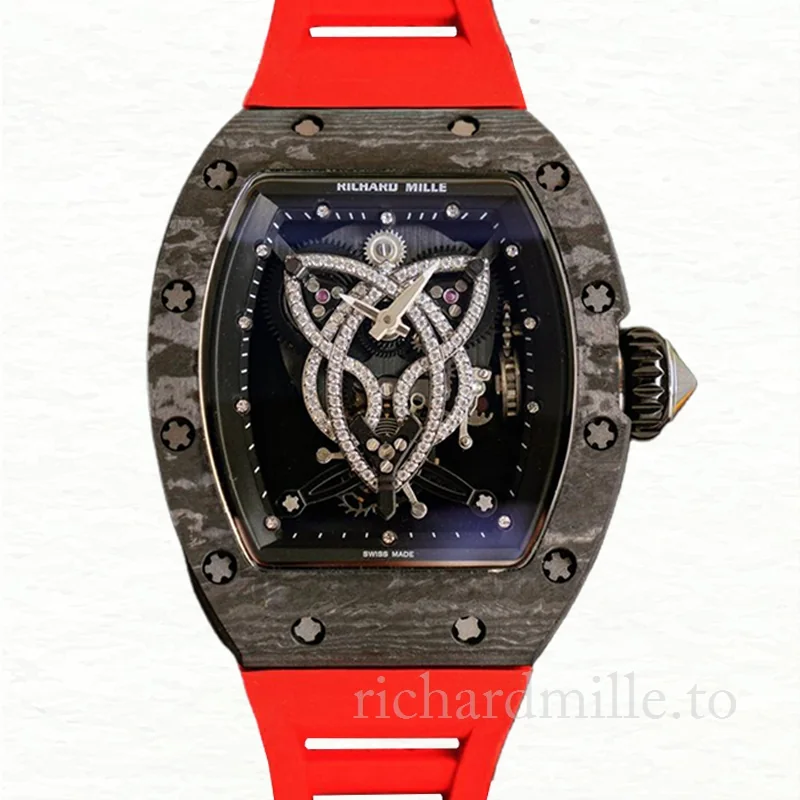 Richard Mille RM019 Men Hand Wind Watch Rubber Band Black With Diamonds Dial