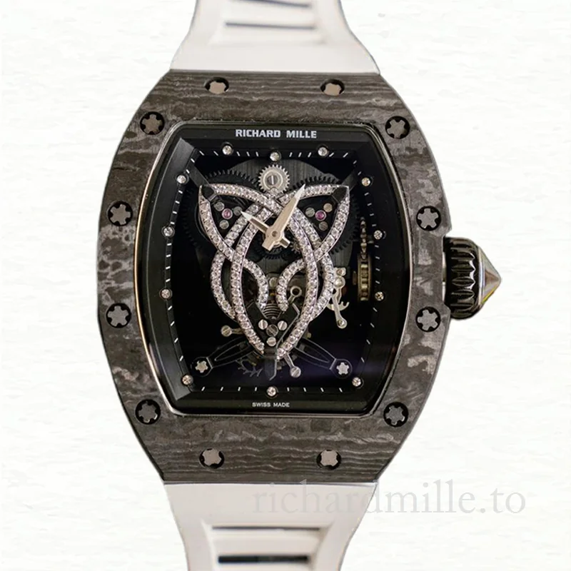 Richard Mille RM019 Men Hand Wind Watch Rubber Band Black With Diamonds Dial