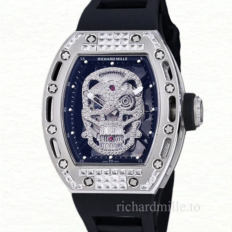 Richard Mille RM 052 Men Automatic Stainless Steel Rubber Band Diamonds Skull Dial