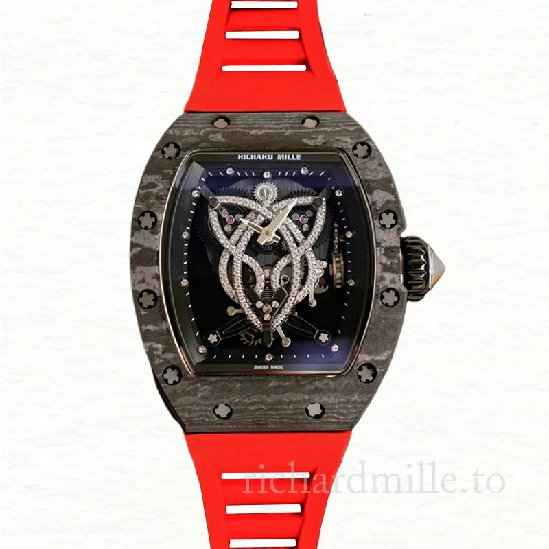 Richard Mille RM019 Men Hand Wind Watch Rubber Band Black With Diamonds Dial