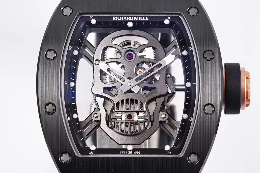 Richard Mille Replica RM 052 Black Strap Black Skeleton Skull Shape Dial