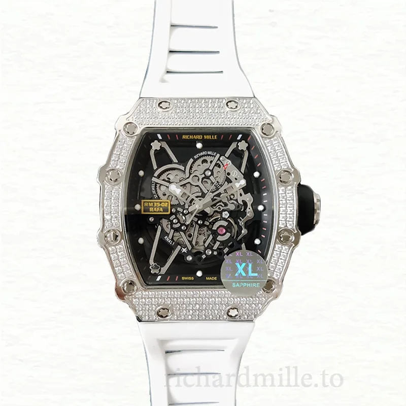 Richard Mille RM35-02 Men Mechanical Diamond Bezel Transparent Dial Rubber Band