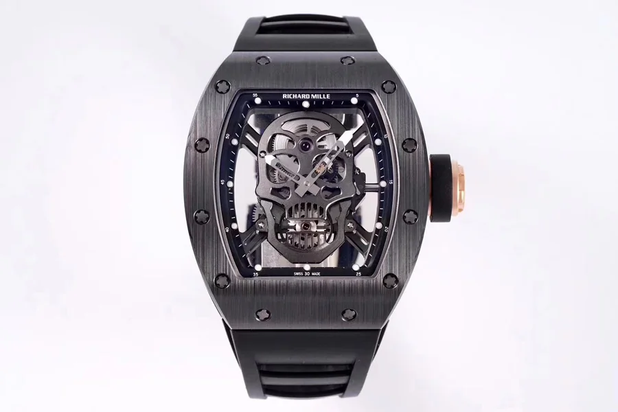 Richard Mille Replica RM 052 Black Strap Black Skeleton Skull Shape Dial