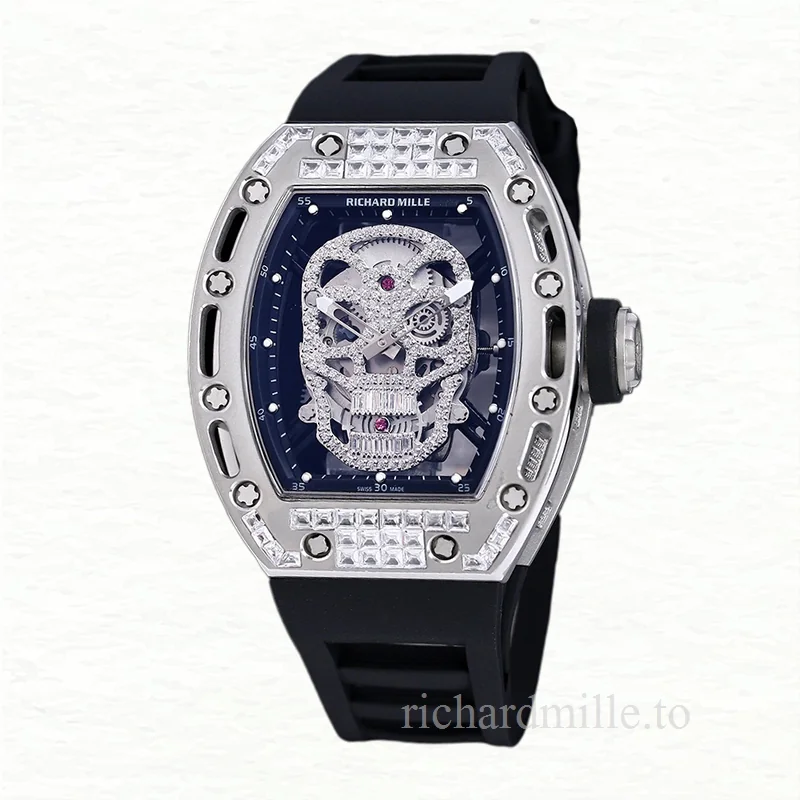 Richard Mille RM 052 Men Automatic Stainless Steel Rubber Band Diamonds Skull Dial
