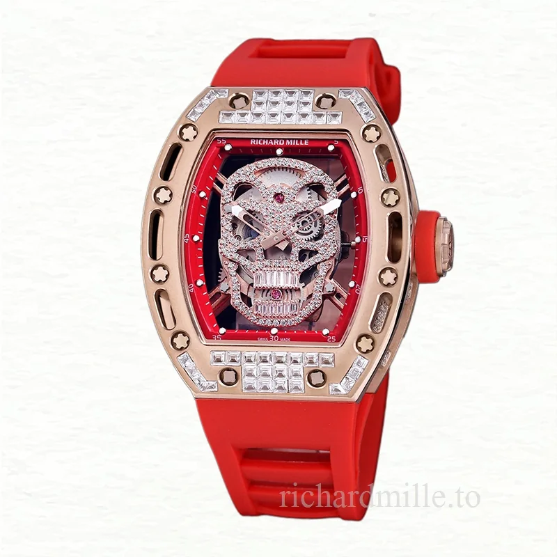 Richard Mille RM 052 Men Automatic Diamonds Skull Dial Stainless Steel Rubber Band