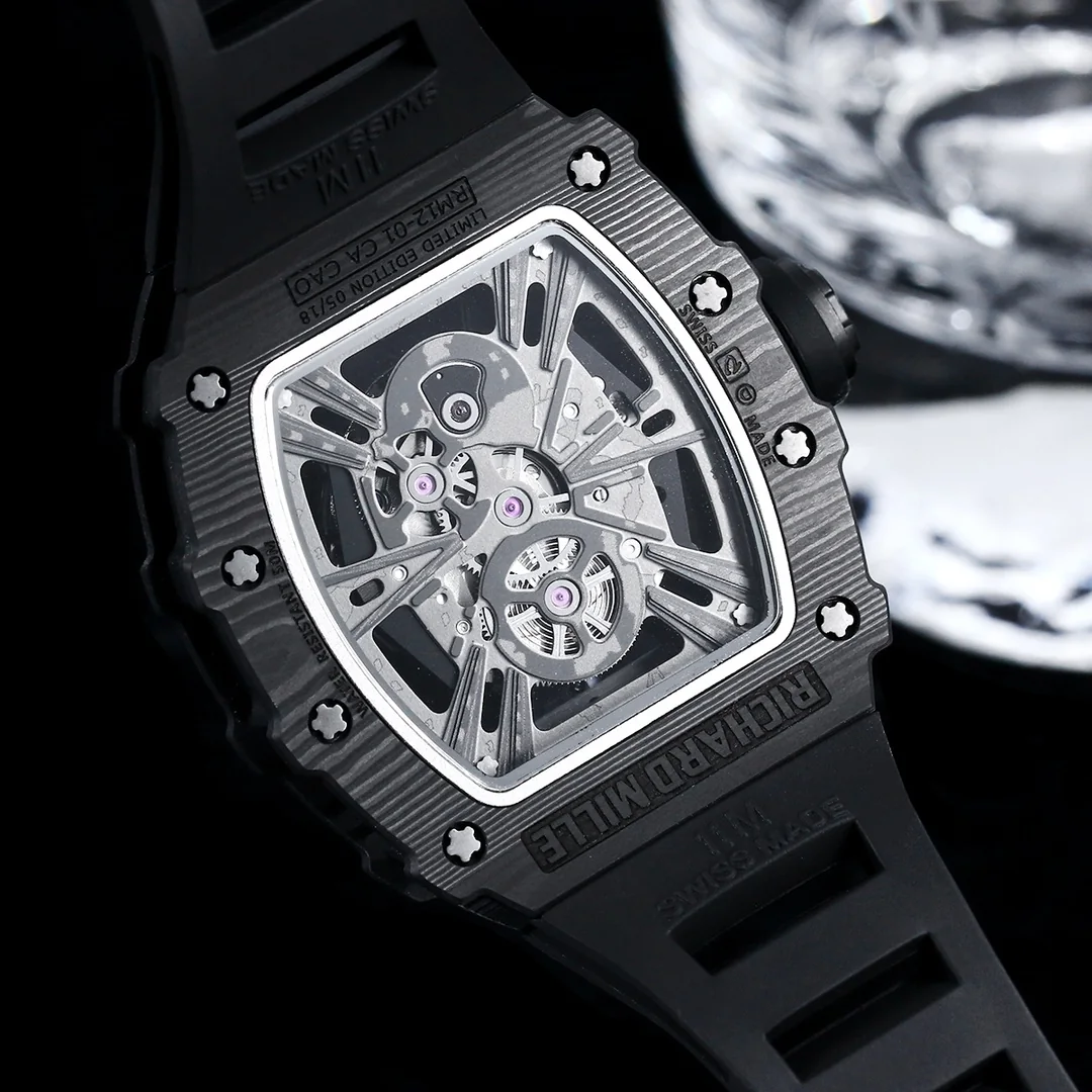 Luxury AAA Replica Richard Mille RM12-01 Tourbillon With Black Carbon Bezel, Black Rubber Strap