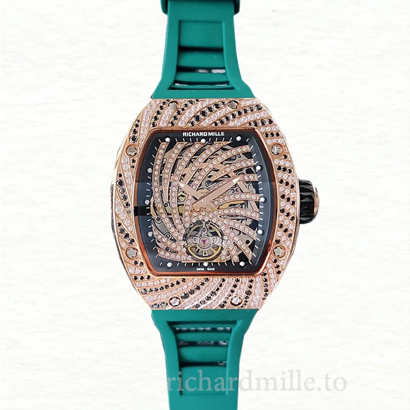 Richard Mille RM51-02 Ladies Mechanical Diamond Bezel Diamond Paved Dial Rubber Band