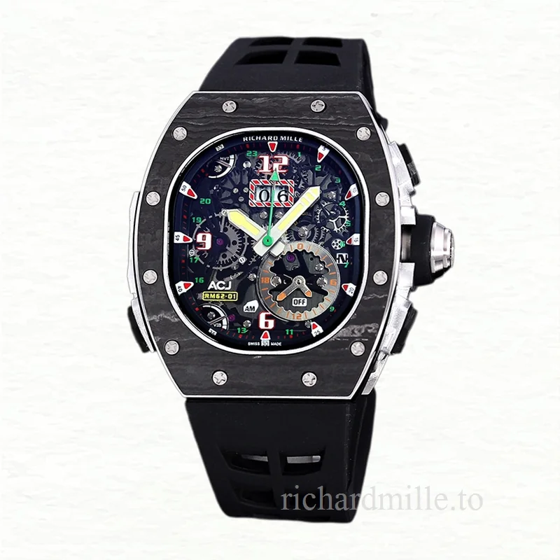 Richard Mille RM 62-01 Automatic Men Rubber Band Carbon Fiber Transparent Dial