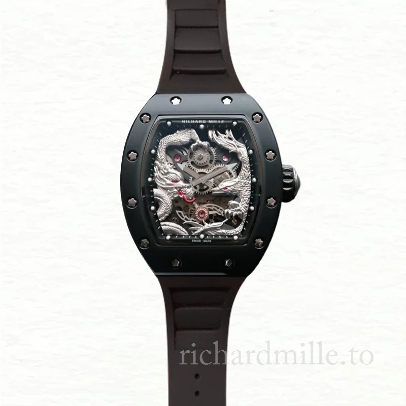 Richard Mille RM57-01 Men Mechanical Rubber Band Silver Dragon and Phoenix Dial