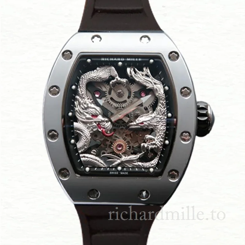 Richard Mille RM57-01 Mechanical Men Stainless Steel Silver Dragon and Phoenix Dial Rubber Band